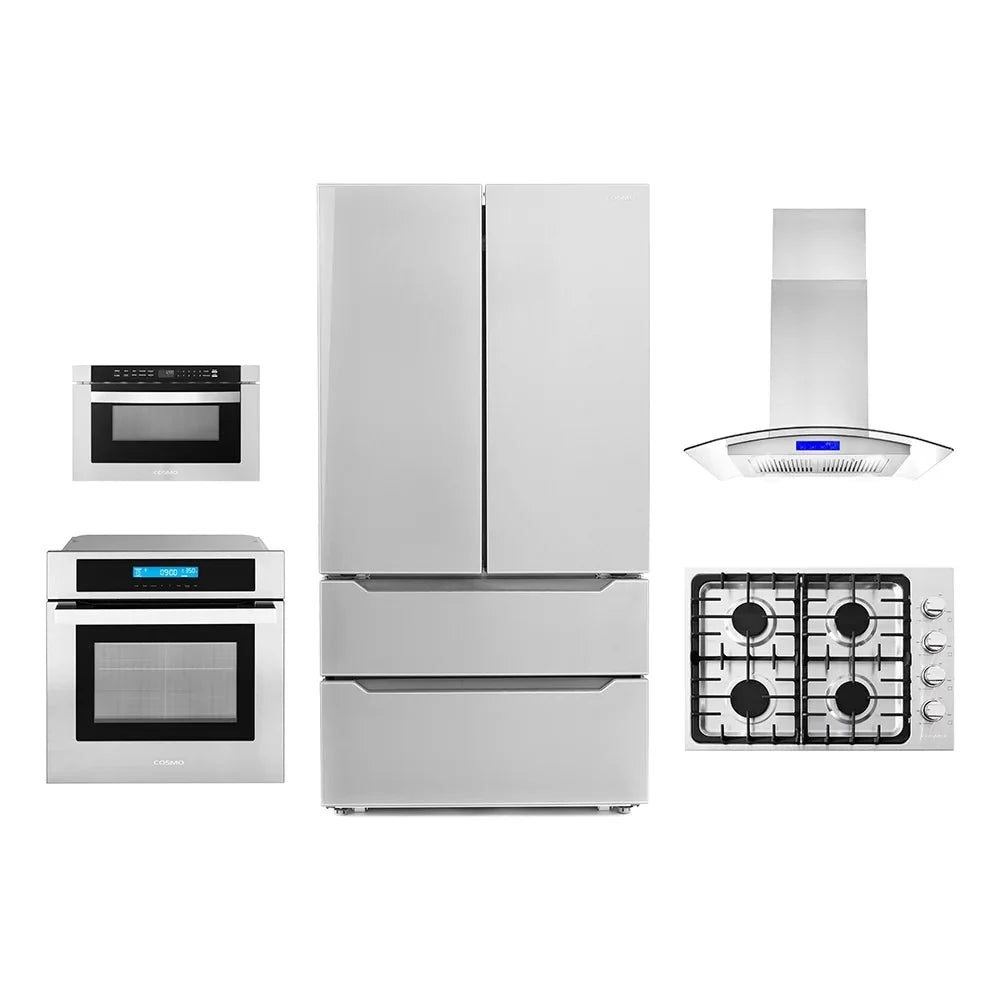 5 Piece Kitchen Package With 30 Gas Cooktop 36 Island Range Hoood 30 Single Electric Wall Oven 24 Built-In Microwave Drawer & French Door Refrigerator