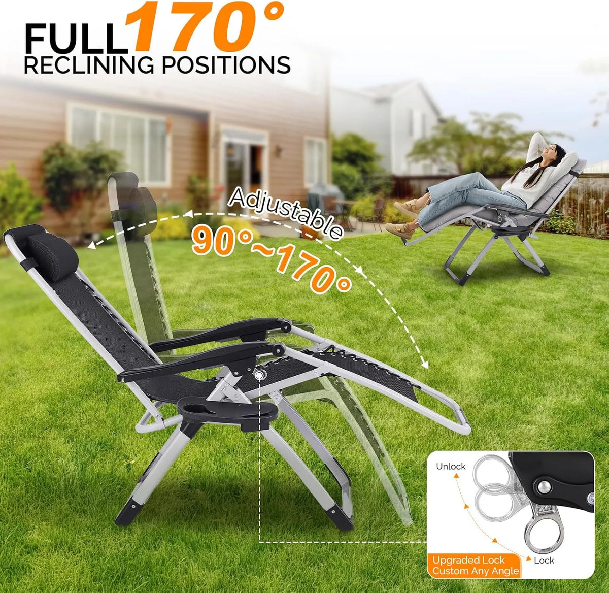 Padded Zero Gravity Chair, Lounge Chair with Removable Cushion & Tray, Folding Reclining Patio Chairs, Recliner Chair for Lawn,Indoor and Outdoor