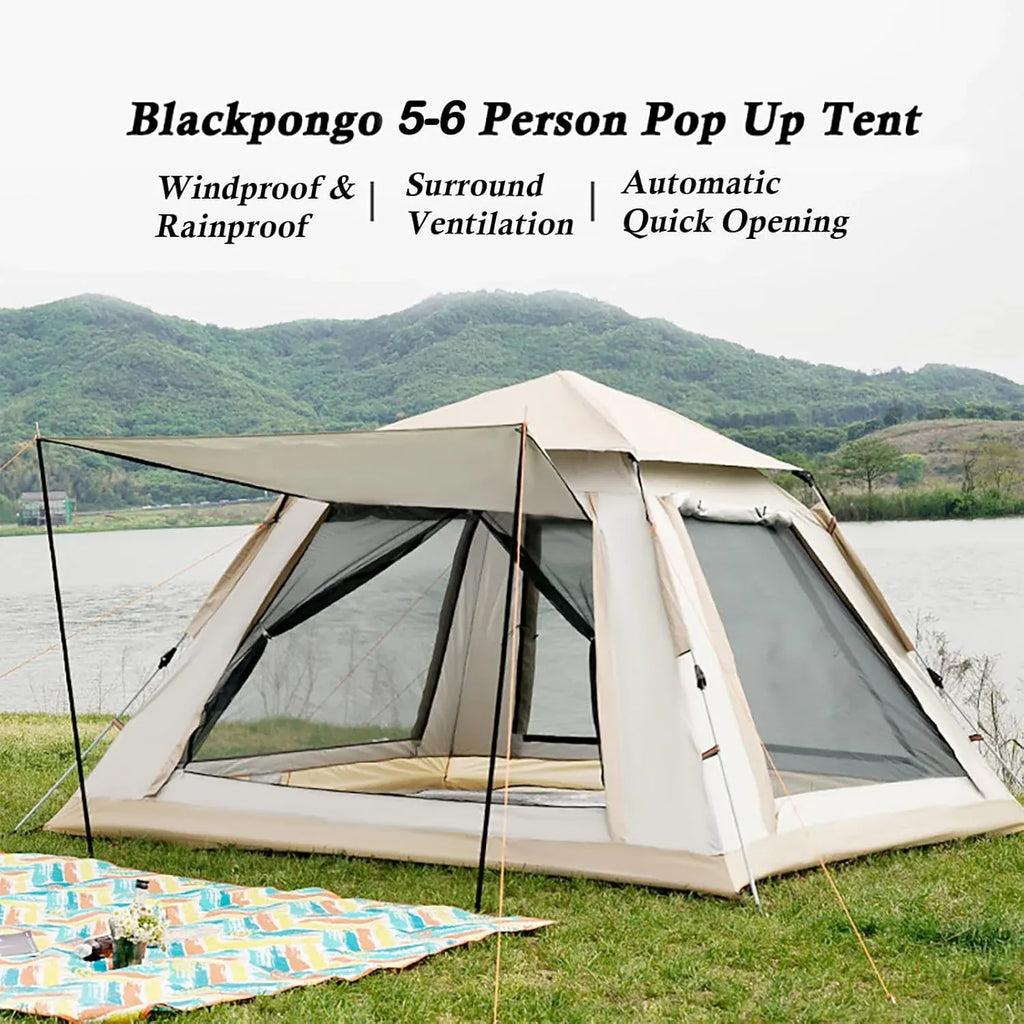 Instant Pop Up Camping Tent for 4-6 Person, 2 Mesh Windows & 2 Doors, Easy Set Up with Vestibule & Rainfly