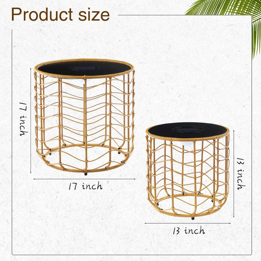 Sumind 2 Sets Solar Nesting Tables with Built-in Lights Cutout Wicker Round Tables for Patio Porch Garden Side Table Outdoor Living Natural Stylish Design