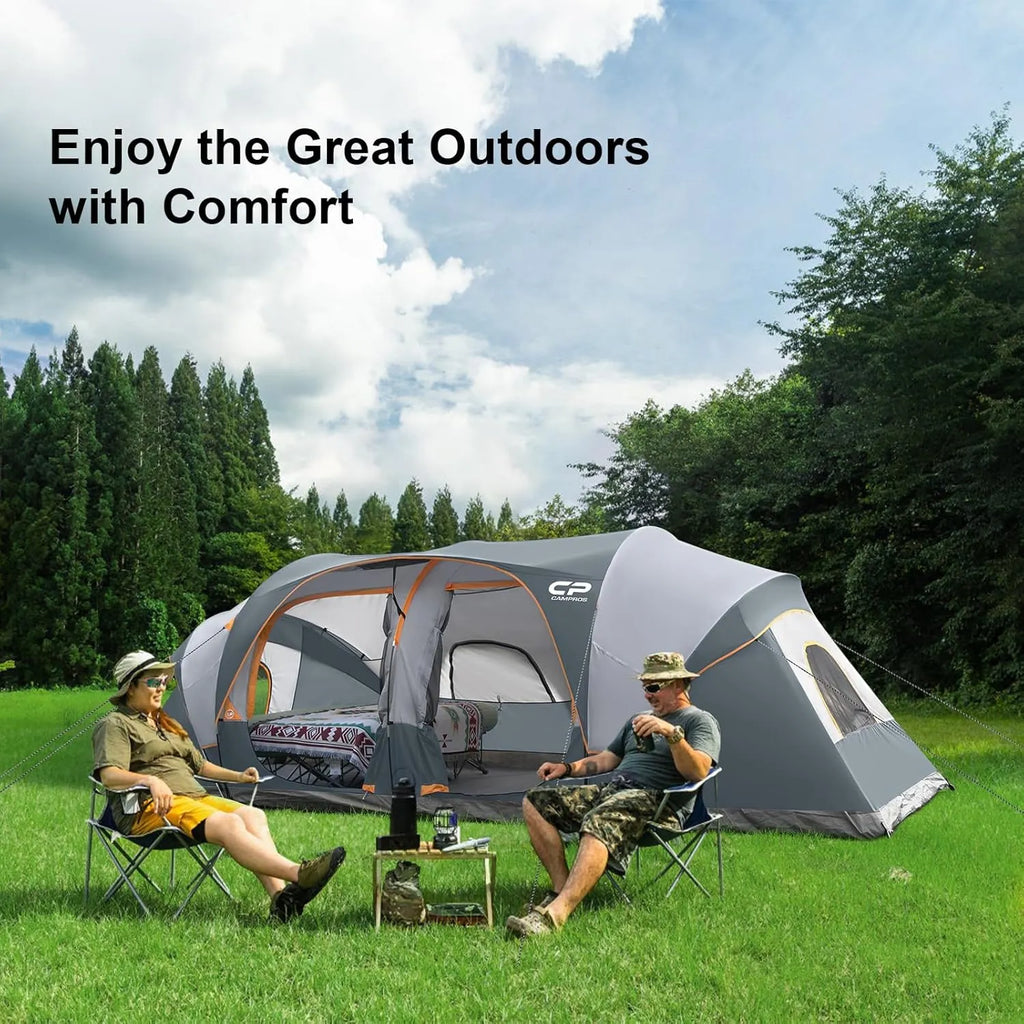 CAMPROS CP Tent 12-Person-Camping-Tents,3 Room Family Tents,Waterproof Windproof Family Tent with Top Rainfly,6 Large Mesh Windows,Double Layer,Easy Set Up, Portable with Carry Bag-20' x 9' x 72(H)