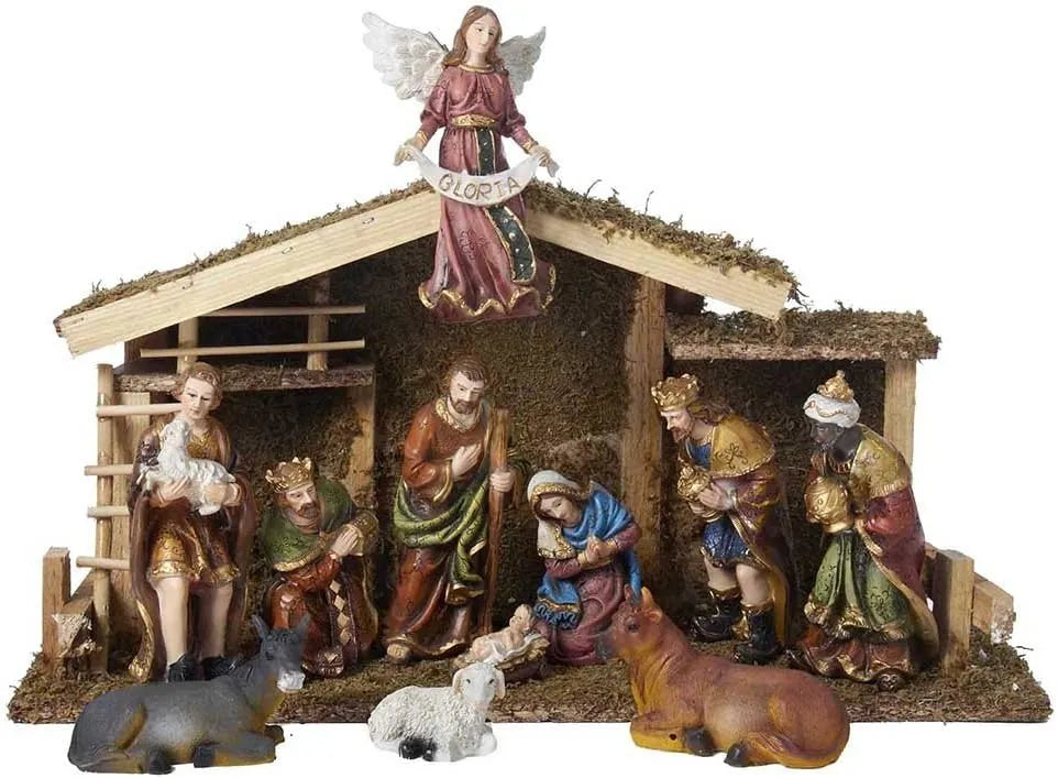 Kurt Adler 12-Piece Wooden Stable Nativity Set, Brown