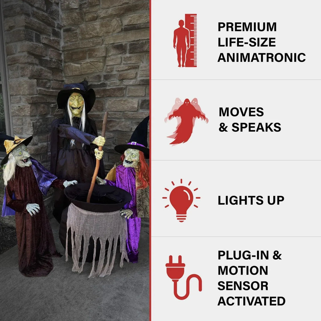 Haunted Hill Farm Motion-Activated Wicked Sitchwick Sisters, Plug-in Talking Scare Halloween Animatronics for Indoor or Covered Outdoor Display, Creepy and Modern Fright Props for Home