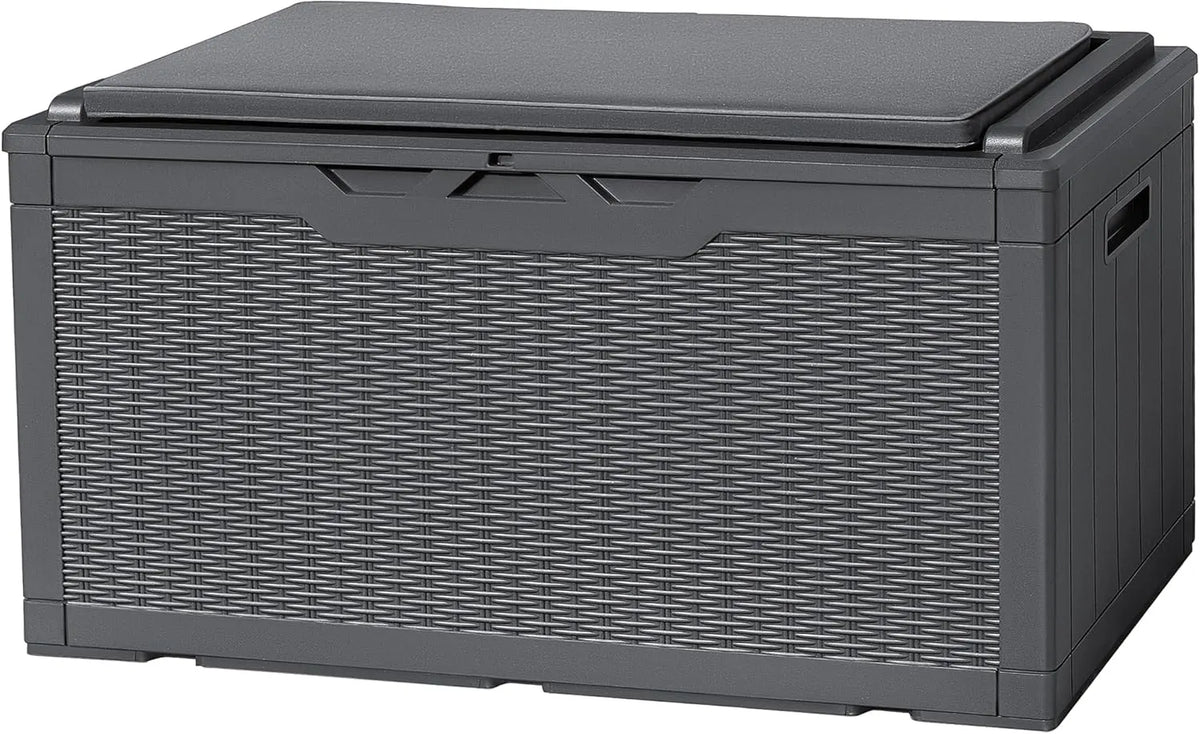 Flamaker Resin Deck Box 120 Gallon Waterproof Large Outdoor Indoor Storage Box Imitation Wood Resin for Patio Furniture Garden Tools and Pool (Black)