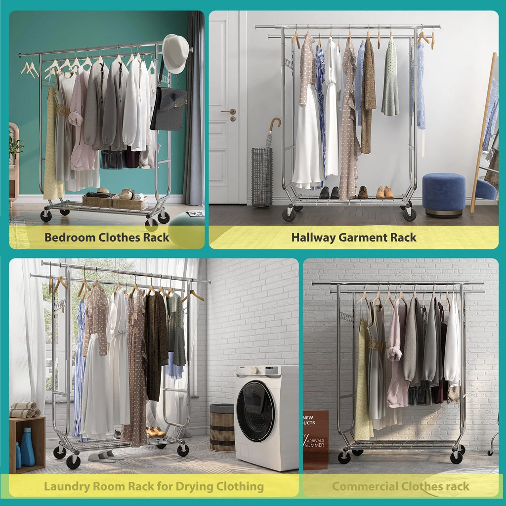 Raybee Clothes Rack Heavy Duty Holds 610LBS Rolling Clothing Racks for Hanging Clothes Portable Clothes Rack Metal Clothing Rack with Wheels Collapsible & Commercial Garment Rack Heavy Duty