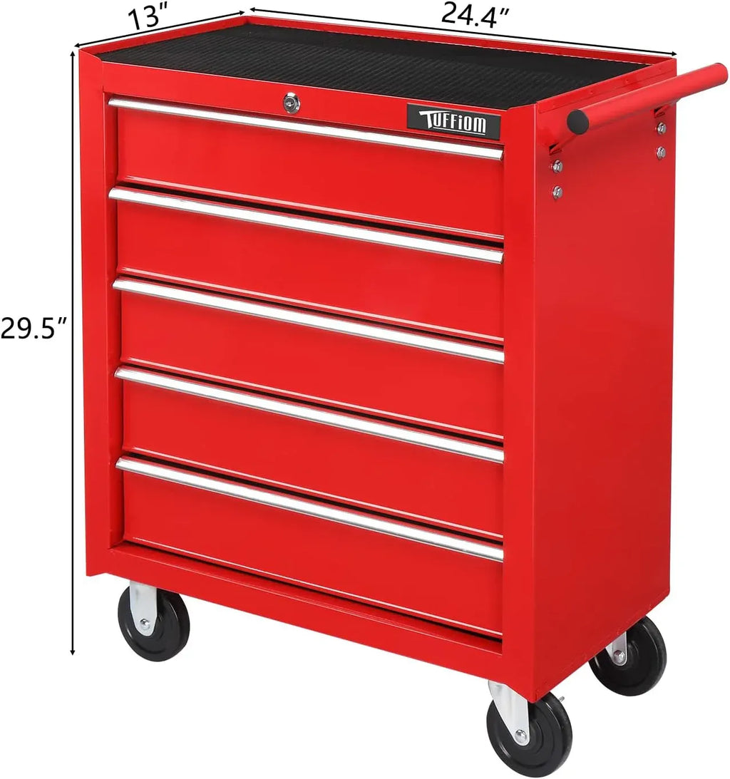 TUFFIOM 5-Drawer Rolling Tool Chest w/Drawers & Lock, Tool Storage Cabinet with Lockable Wheels, Top Cushion & Drawer Liners, Tool Organizer Box for Garage, Warehouse & Repair Sho