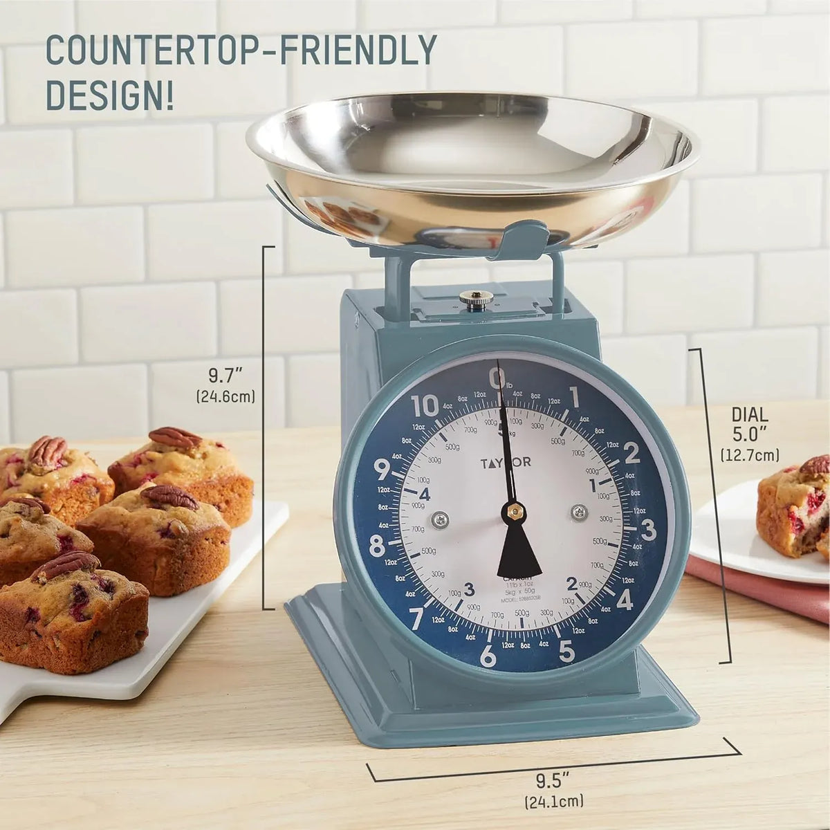 Taylor Mechanical Kitchen Weighing Food Scale with Bowl, Weighs up to 11lbs, Measures in Grams and Ounces, Food Scales for Kitchen, Storm Blue