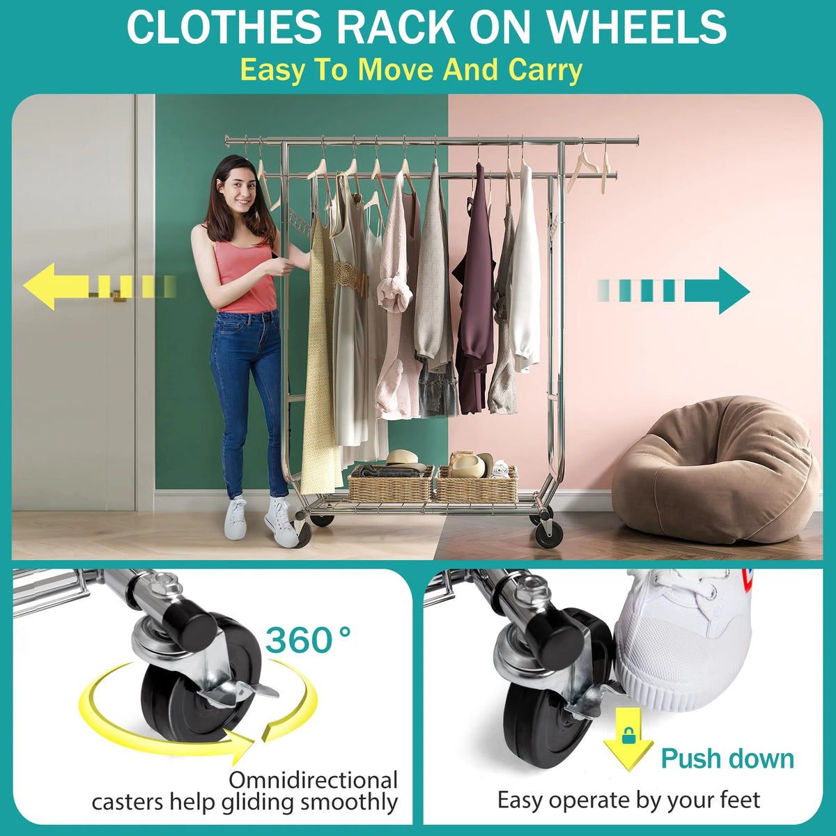Raybee Clothes Rack Heavy Duty Holds 610LBS Rolling Clothing Racks for Hanging Clothes Portable Clothes Rack Metal Clothing Rack with Wheels Collapsible & Commercial Garment Rack Heavy Duty