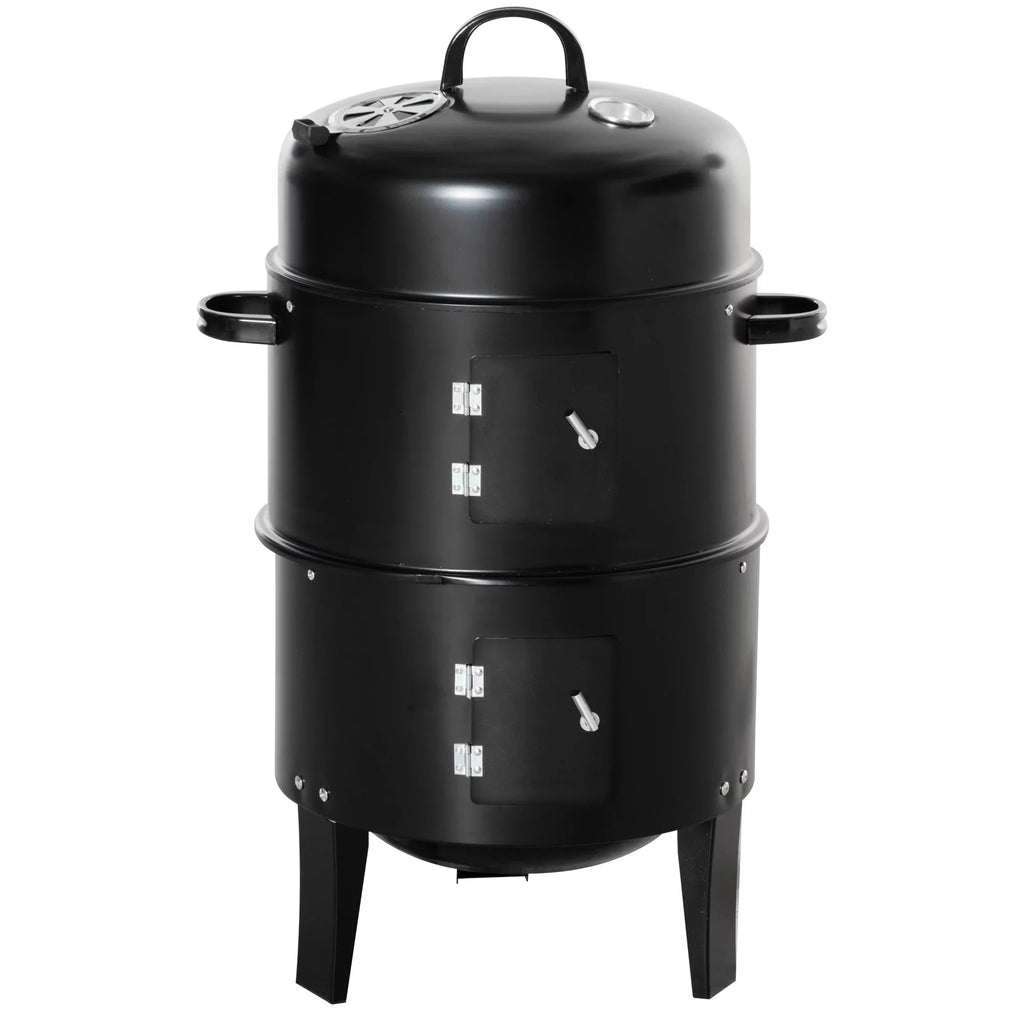 Outsunny Vertical Charcoal BBQ Smoker, 3-in-1 16 Round Charcoal Barbecue Grill with 2 Cooking Area, and Thermometer for Outdoor Camping Picnic Backyard Cooking, Black