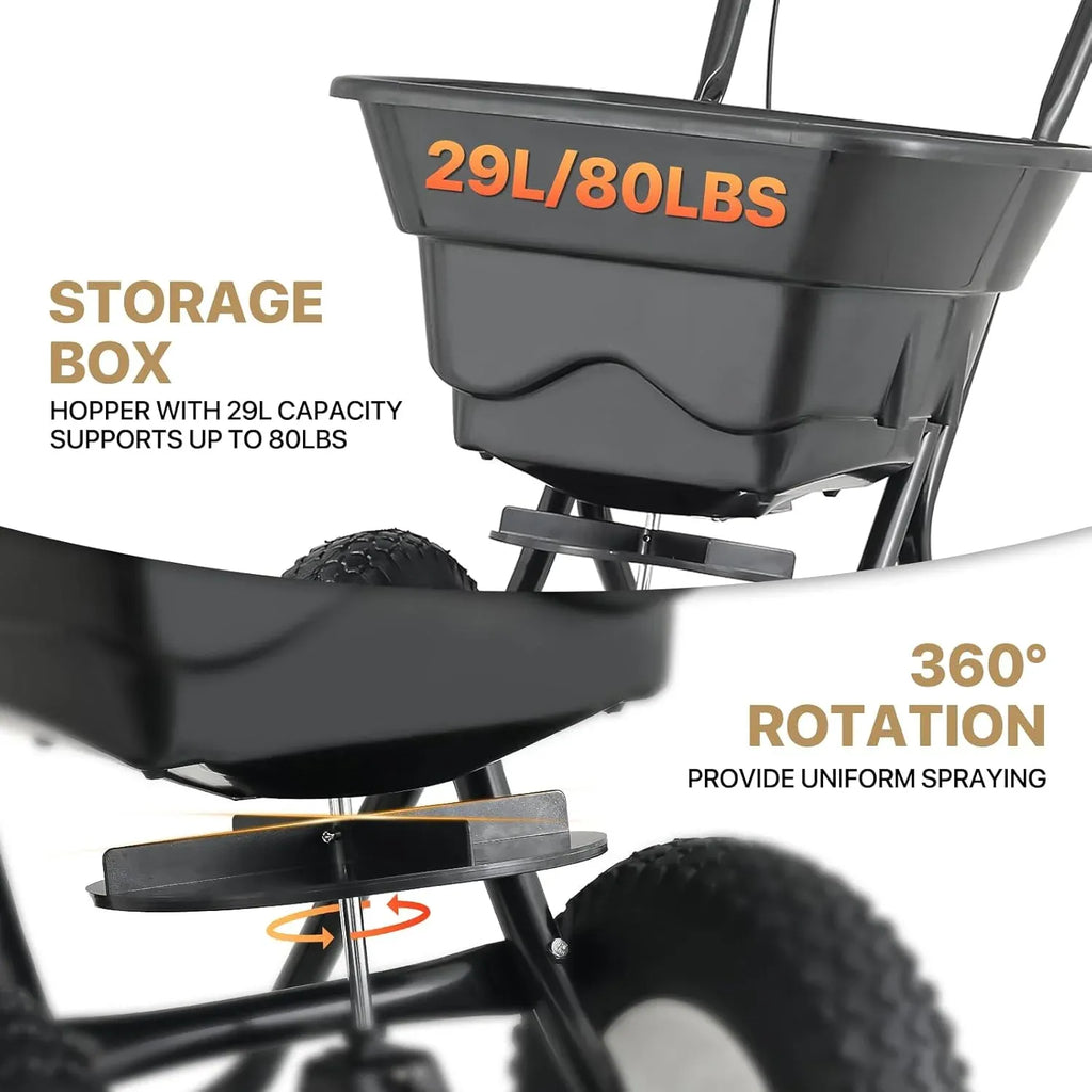 MoNiBloom 125 lb Walk-Behind Broadcast Spreader for Fertilizer, Grass Seed, Salt & Ice Melt, Heavy Duty Lawn, Garden & Farm Seeder with Rain Cover, Durable Design for Yards, Fields & Uneven Terrain