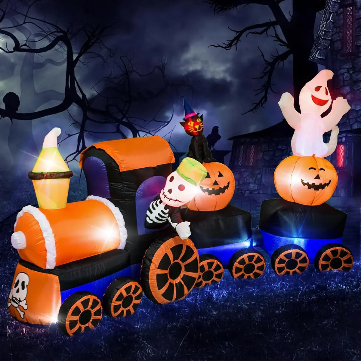 9 Feet Halloween Inflatable Train with Kittens White Ghosts/Pumpkin with LED Lights Blow up Lighted Yard Decor Giant Lawn Halloween Inflatable Home Garden Party Favor Decoration