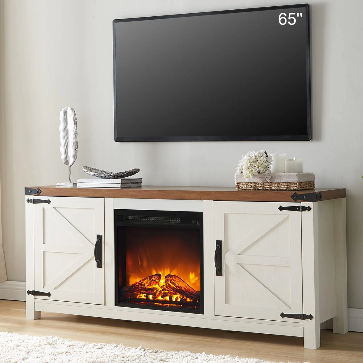 T4TREAM Fireplace TV Stand for 65 Inch TV, Farmhouse Barn Door Media Console, Entertainment Center with 18 Electric Fireplace Storage Cabinet Doors,for Living Room, 58 Inch, Antique White
