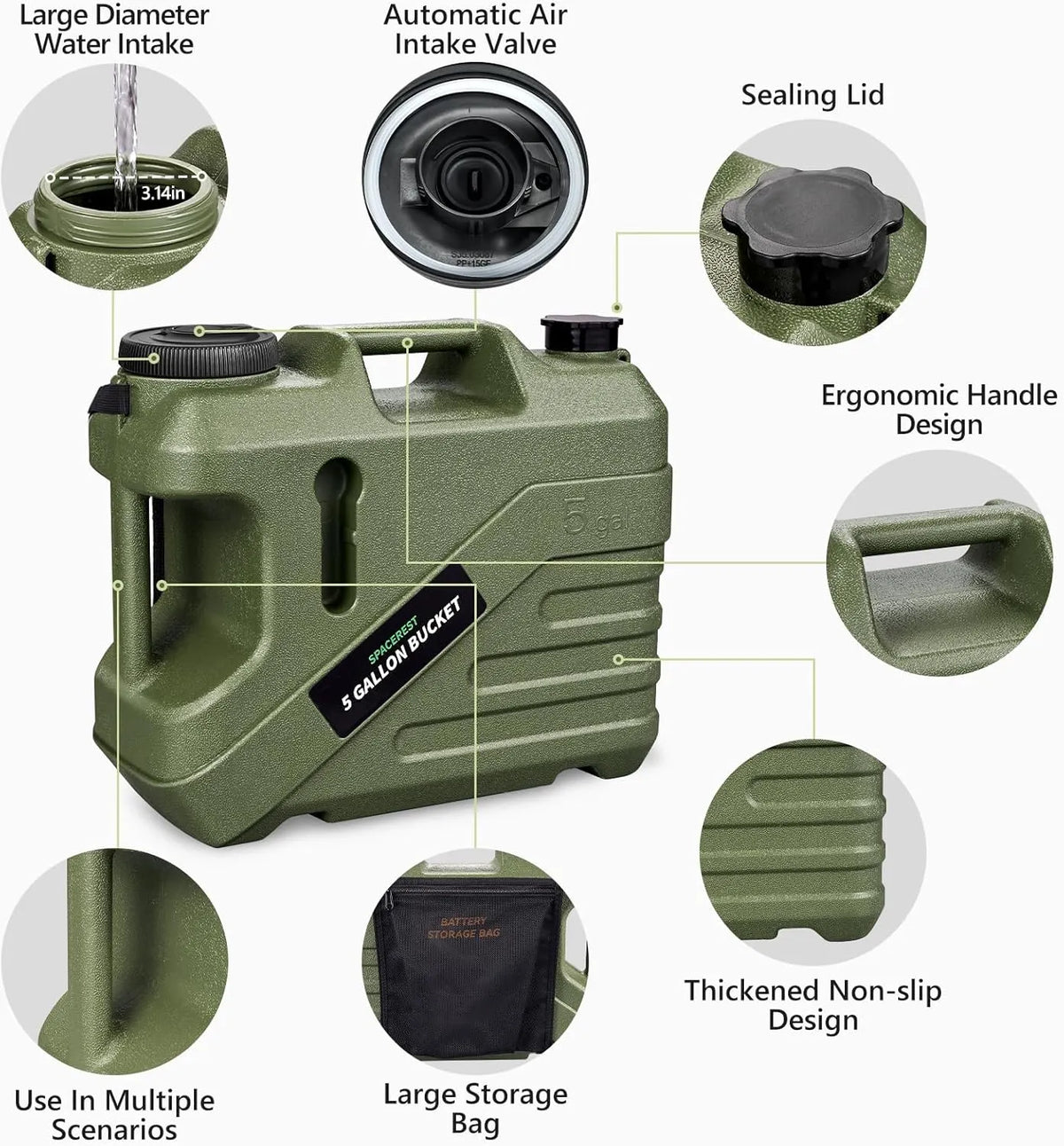 Portable Shower for Camping with 5-Gallon Water Jug, Rechargeable Camping Shower, Food Grade Material Water Containers for Fruit & Vegetables Wash, Integrate Design for Outdoors, Hiking, 2 Batteries