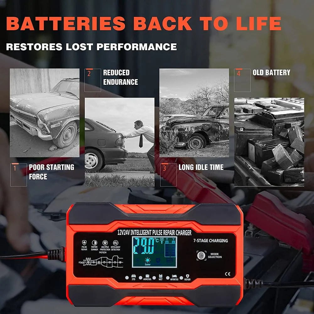 10-Amp Battery Charger Automotive, 24V And 12V Car Battery Charger, Battery Maintainer with Temperature Compensation for Car, Lawn Mower, Motorcycle, Boat, SUV And More