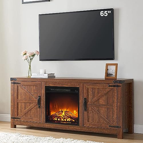 T4TREAM Fireplace TV Stand for 65 Inch TV, Farmhouse Barn Door Media Console, Entertainment Center with 18 Electric Fireplace Storage Cabinet Doors,for Living Room, 58 Inch, Antique White