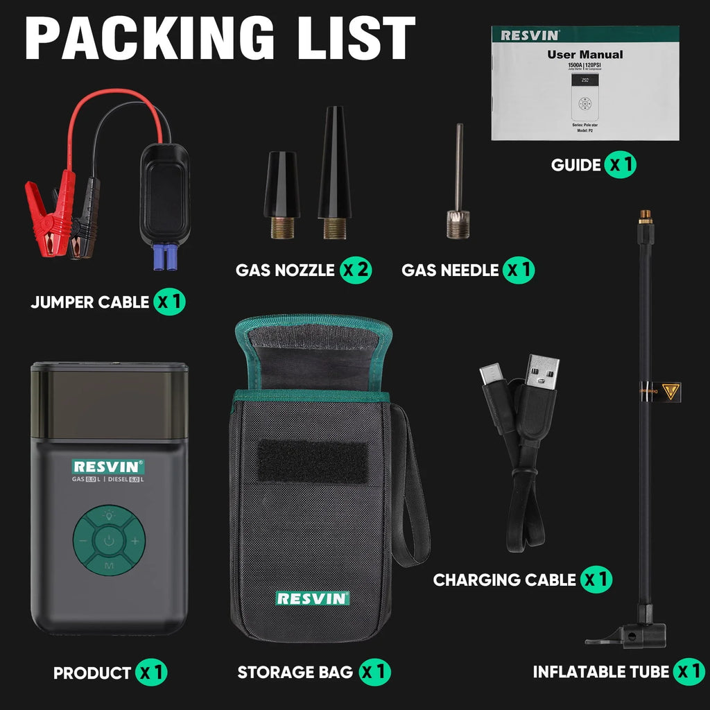 Portable Power Station Jump Starter: 1200 Peak/600 Instant Amps, 120 PSI Air Compressor, 1500A 13500mAh 12V Battery for 8.0L Gas or 6.0L Engines