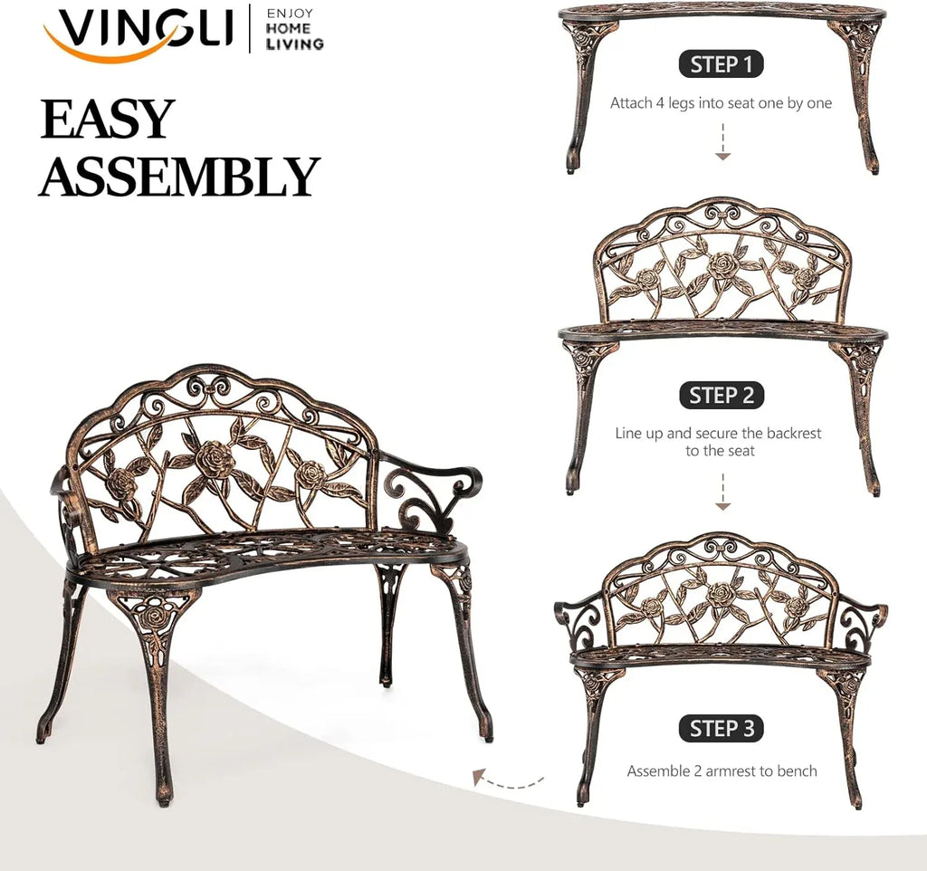 38.5 Patio Park Garden Outdoor Metal Rose Bench,Cast Iron Cast Aluminium Frame Antique Finish Chair,Accented Lawn Front Porch Path Yard Decor Deck Furniture for 2 Person Seatï1⁄4Bronze