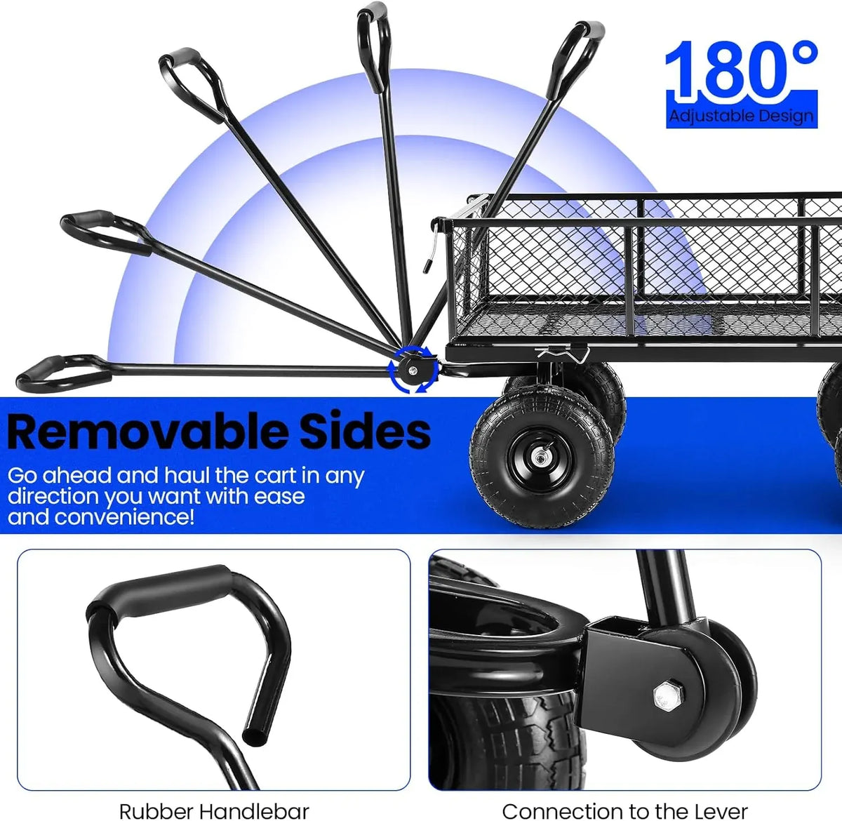 Garden Cart, Heavy Duty 880Lbs Capacity Mesh Steel Garden Cart with Removable Sides to Convert into Flatbed, Utility Metal Wagon with 180° Rotating Handle and 10 in Tires, Black