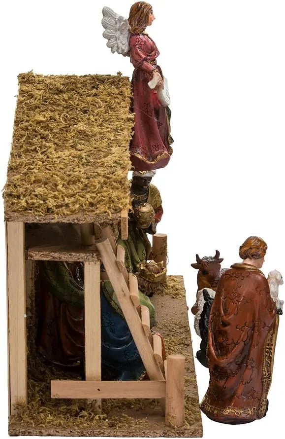 Kurt Adler 12-Piece Wooden Stable Nativity Set, Brown