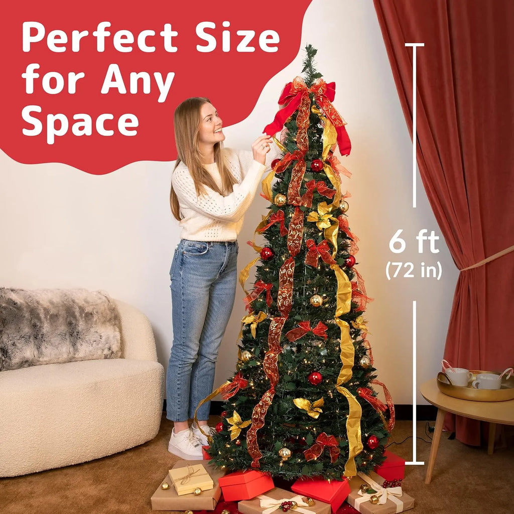 6 ft Fully Decorated Christmas Tree, Gold and Red Collapsible Christmas Tree with 350 Warm Lights, Bows, Ornaments, Holly Leaves and More, Pop Up Xmas Trees with Lights