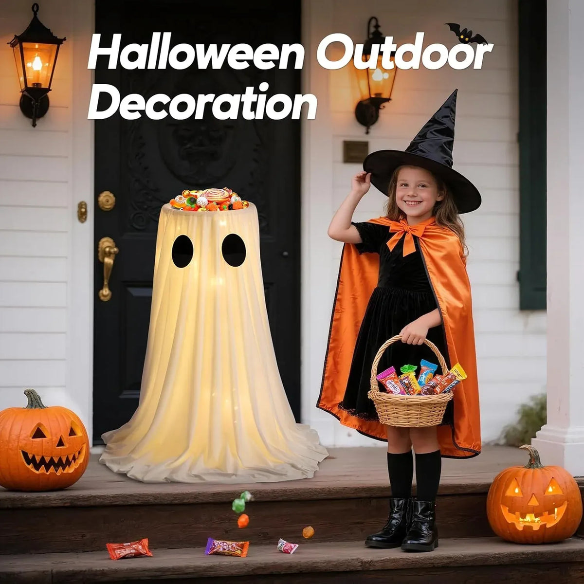 Halloween Door Decorations - Glowing Ghost Candy Holder Bowl - Halloween Porch Decor with String Lights & Timer Remote for Trick-or-Treating on Party Lawn Yard Outdoor Indoor