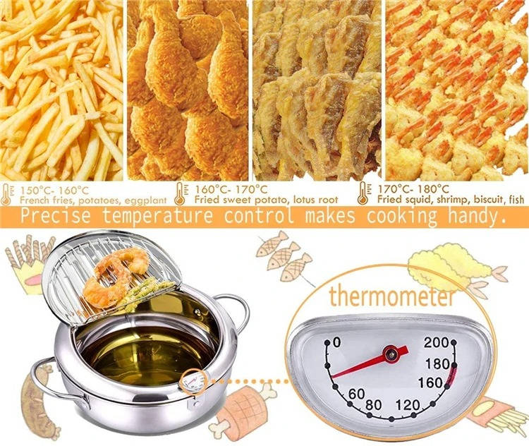 Deep Frying Pot with Splash Guard Lid and Built-in Thermometer, Wire Drain  Rack