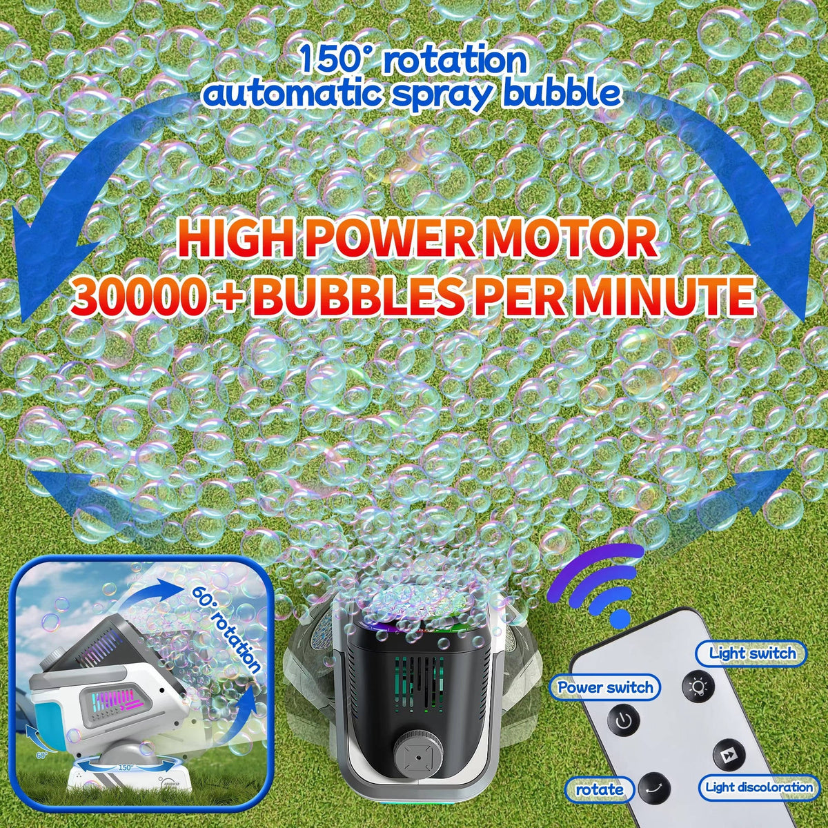 Automatic Bubble Machine with 150-Degree Rotation and 9-Color LED  Lighting
