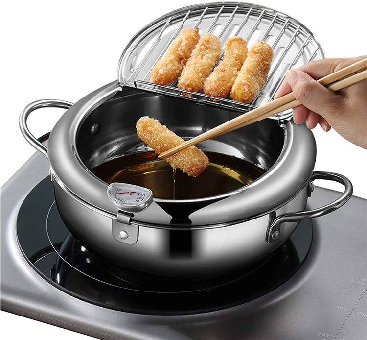 Deep Frying Pot with Splash Guard Lid and Built-in Thermometer, Wire Drain  Rack