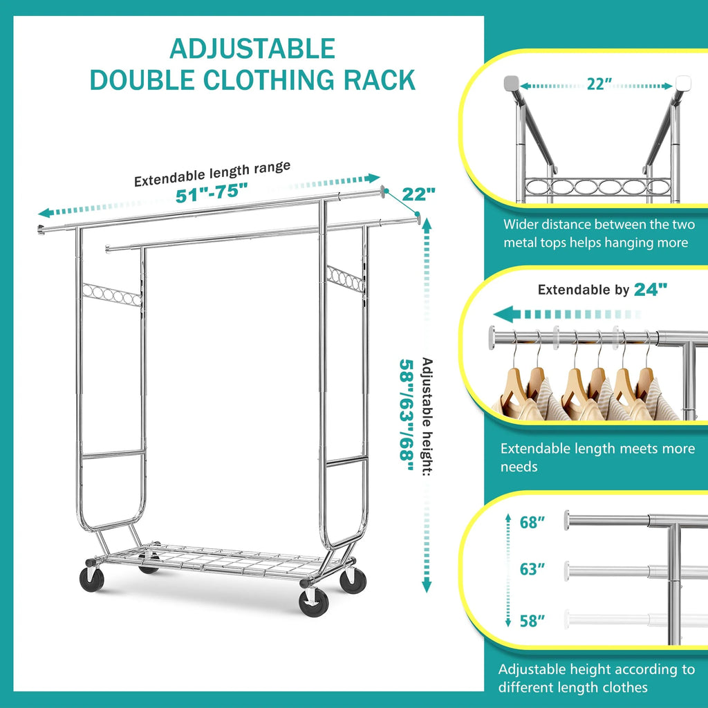 Raybee Clothes Rack Heavy Duty Holds 610LBS Rolling Clothing Racks for Hanging Clothes Portable Clothes Rack Metal Clothing Rack with Wheels Collapsible & Commercial Garment Rack Heavy Duty