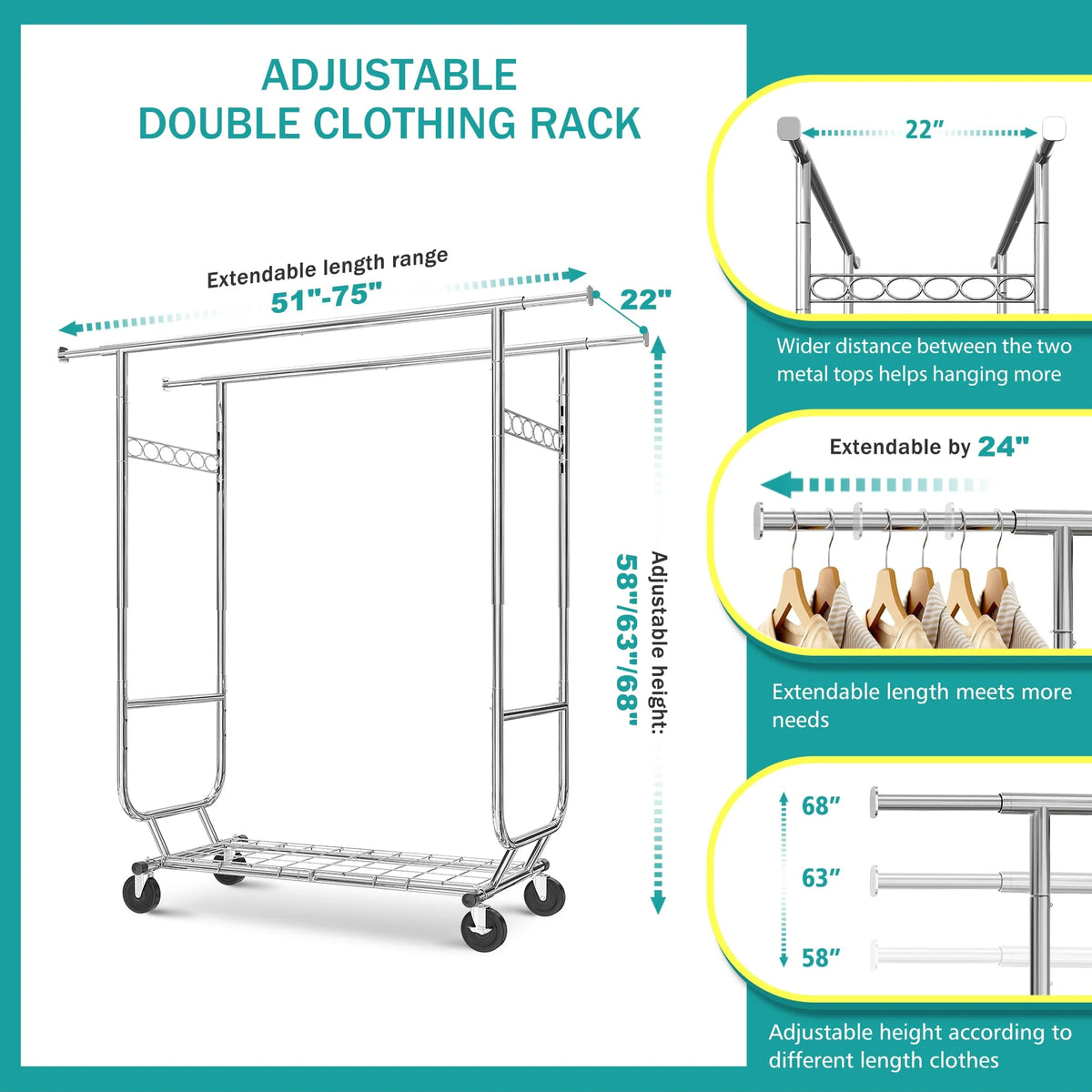 Raybee Clothes Rack Heavy Duty Holds 610LBS Rolling Clothing Racks for Hanging Clothes Portable Clothes Rack Metal Clothing Rack with Wheels Collapsible & Commercial Garment Rack Heavy Duty