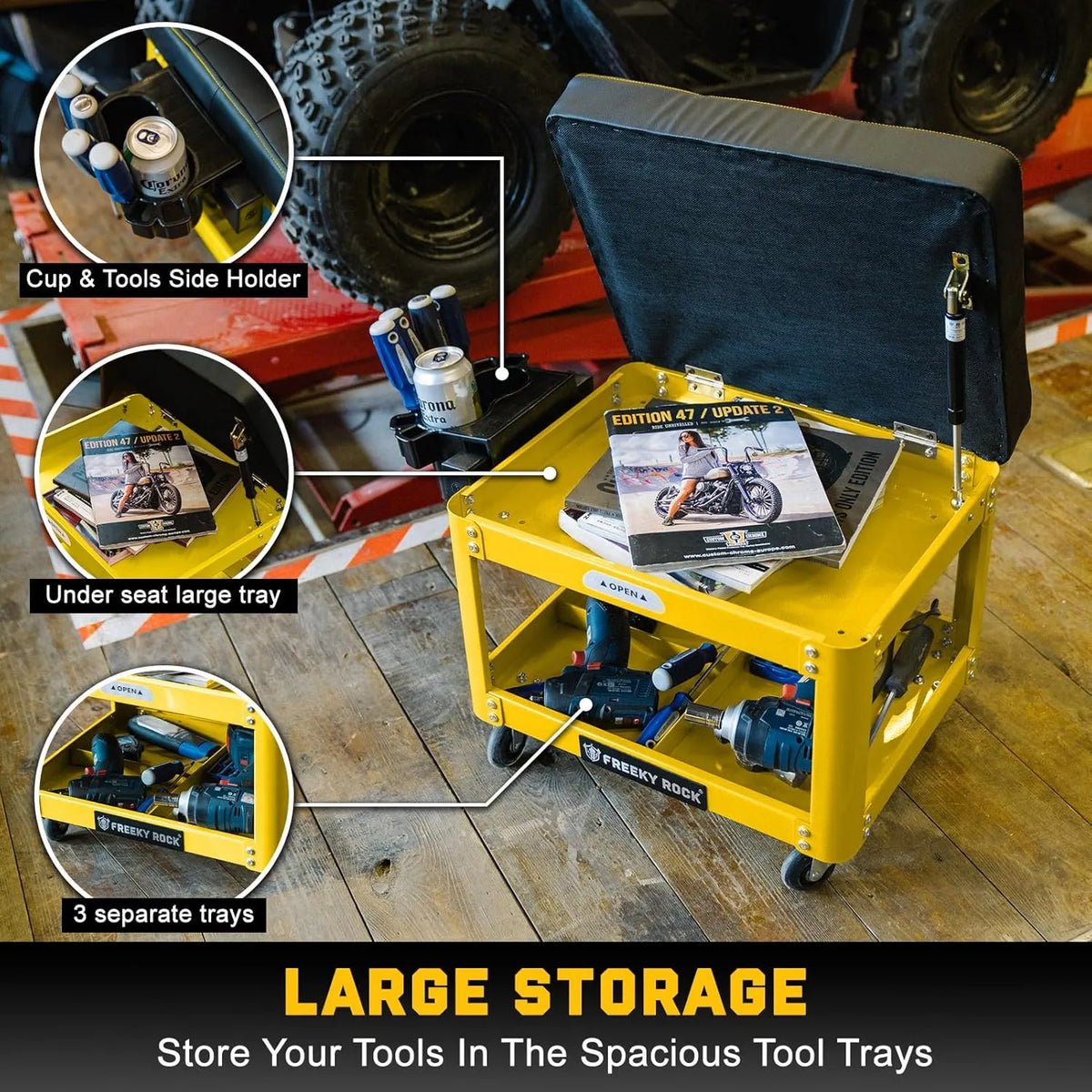 Rolling Mechanic Shop Stool with Wheels, Garage Mechanics Stool with 2 Layer Repair Tools Tray, Padded 360° Swivel Automotive Roller Creeper Seat Shop Chair, Heavy Duty, 330 LBS Capacity, Yellow