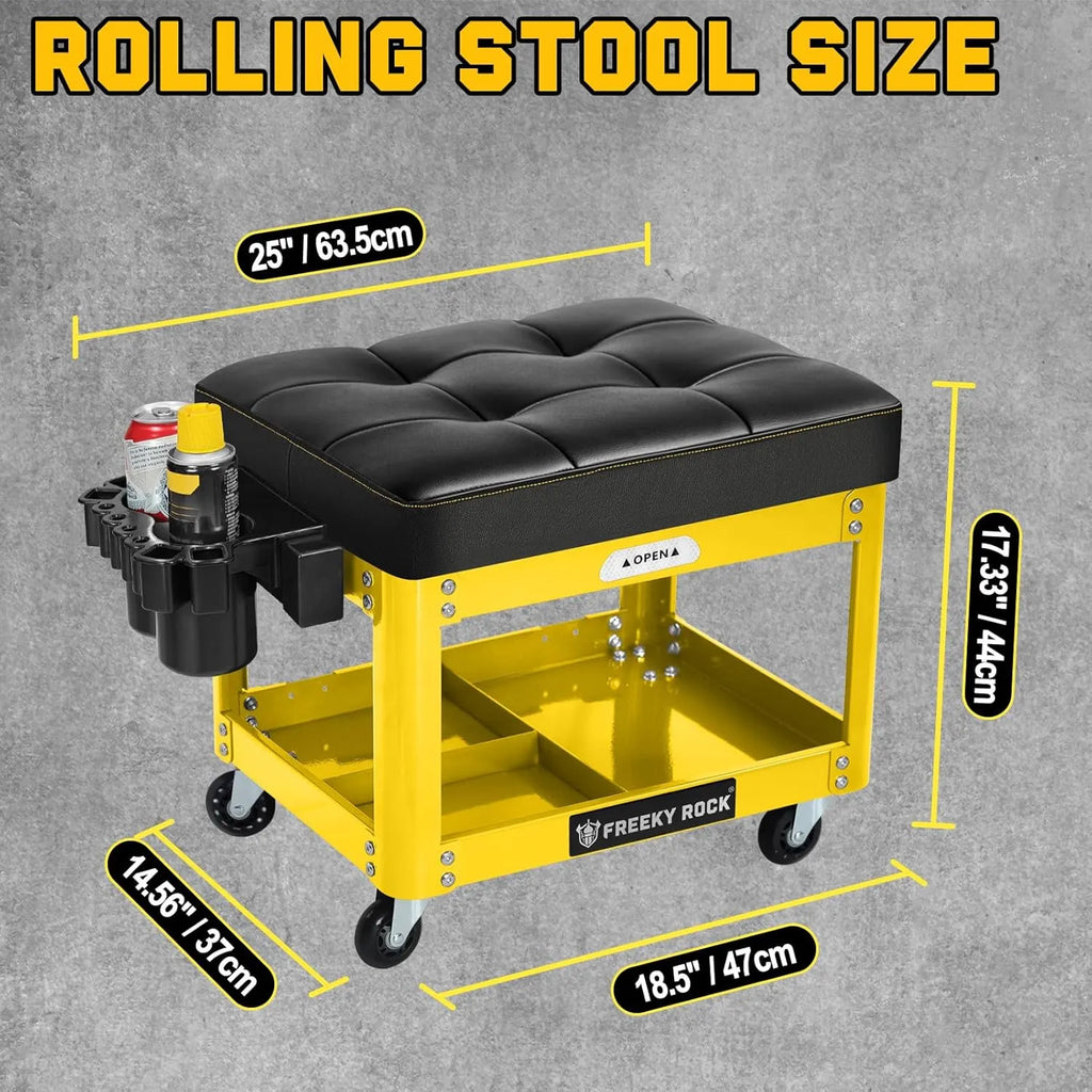 Rolling Mechanic Shop Stool with Wheels, Garage Mechanics Stool with 2 Layer Repair Tools Tray, Padded 360° Swivel Automotive Roller Creeper Seat Shop Chair, Heavy Duty, 330 LBS Capacity, Yellow