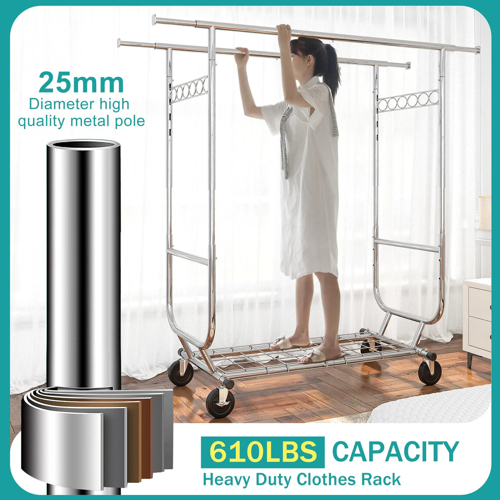 Raybee Clothes Rack Heavy Duty Holds 610LBS Rolling Clothing Racks for Hanging Clothes Portable Clothes Rack Metal Clothing Rack with Wheels Collapsible & Commercial Garment Rack Heavy Duty