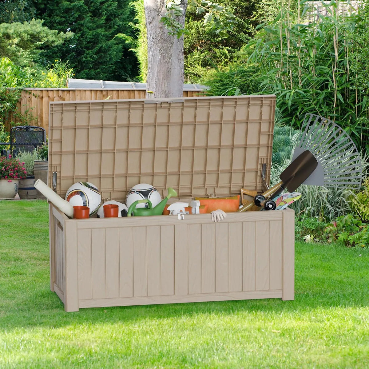 45 Gallon Waterproof Deck Box, Lockable Resin Storage Box for Patio Furniture Cushions Garden Tools and Outdoor Delivery Storage, Coffee