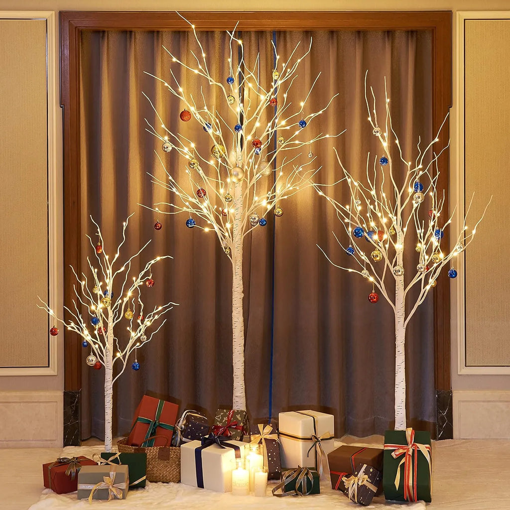 LED Birch Tree Light Set - 4ft, 6ft, 8ft Trees with Warm White Lights - Indoor Outdoor Christmas Wedding Party Decorations (3-Pack)