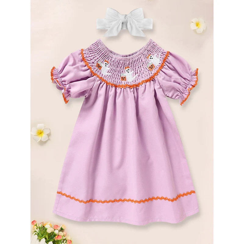 Infant Baby Girls Halloween Dress Ghost Embroidery Dress With Headband Party Costume Dresses