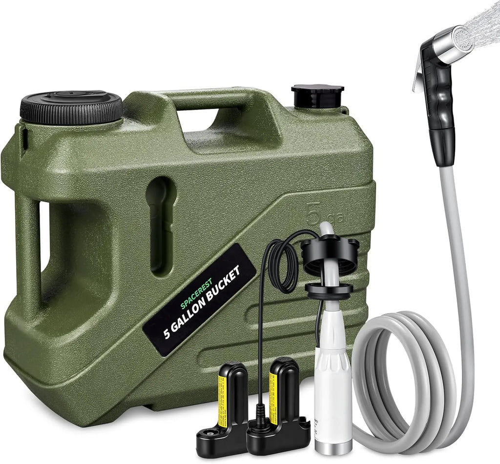 Portable Shower for Camping with 5-Gallon Water Jug, Rechargeable Camping Shower, Food Grade Material Water Containers for Fruit & Vegetables Wash, Integrate Design for Outdoors, Hiking, 2 Batteries