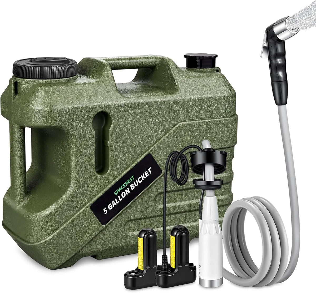 Portable Shower for Camping with 5-Gallon Water Jug, Rechargeable Camping Shower, Food Grade Material Water Containers for Fruit & Vegetables Wash, Integrate Design for Outdoors, Hiking, 2 Batteries
