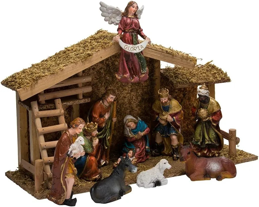 Kurt Adler 12-Piece Wooden Stable Nativity Set, Brown