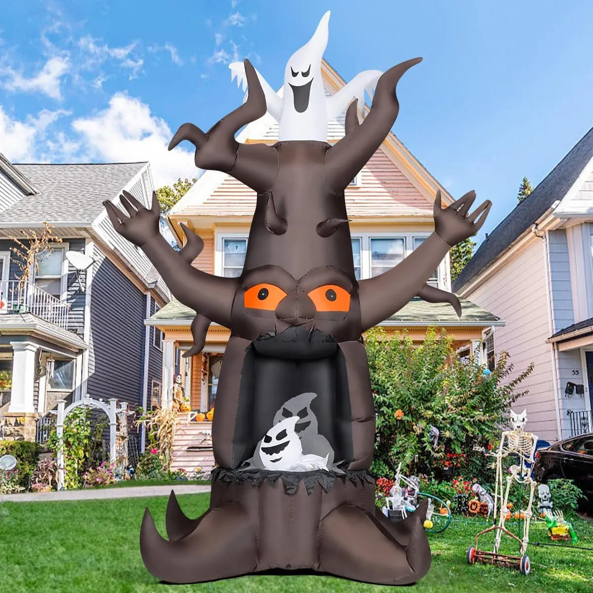 9 FT Halloween Inflatable Animated Dead Tree Outdoor Decorations Blow Up Yard Scary Tree and White Ghost with Built-in LEDs for Outdoor Garden Lawn Party Decor (Tree Ghost)