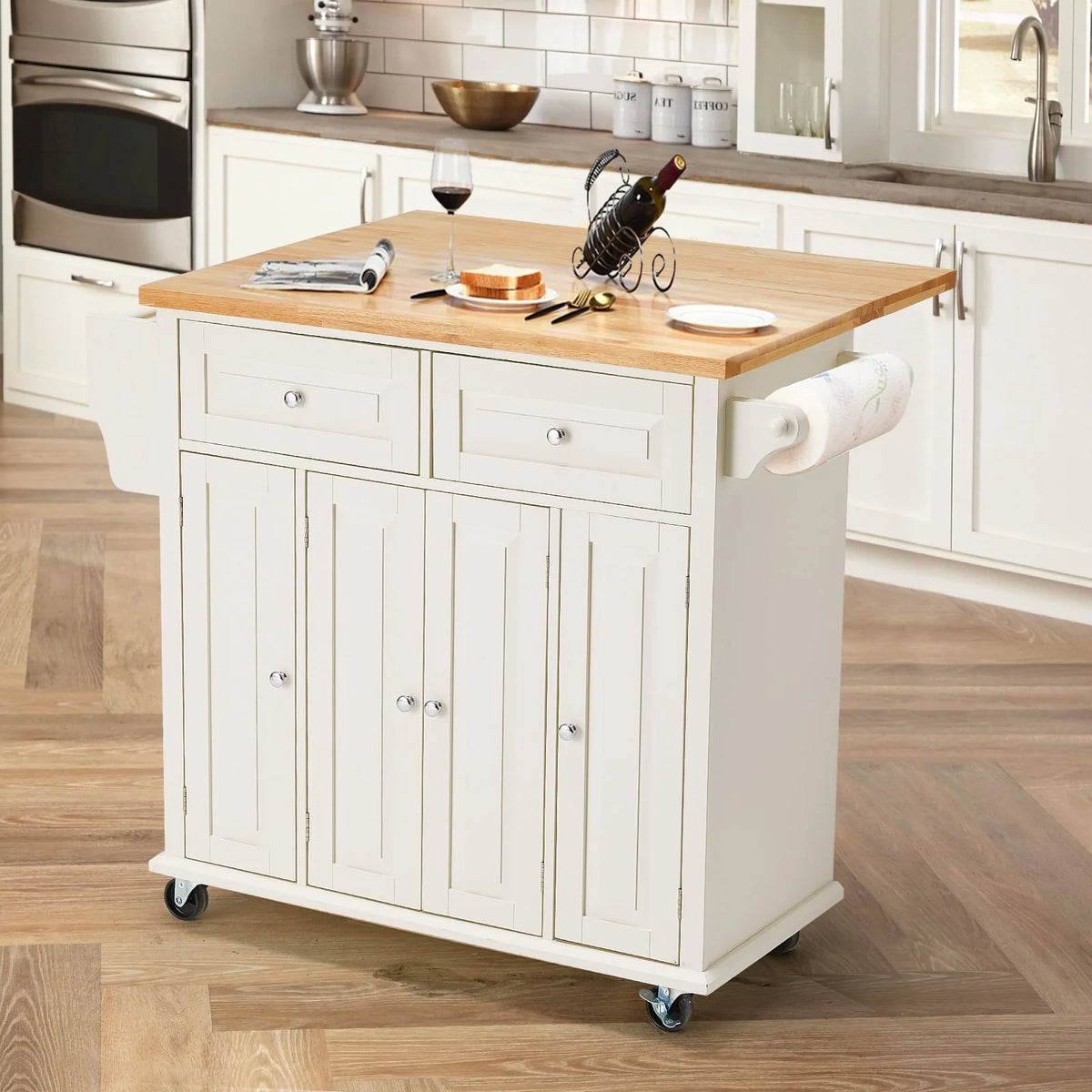 Rolling Kitchen Island Cart with Storage�� Kitchen Cart with Drop-Leaf Rubber Wood Tabletop�� Lockable Wheels�� Trolley Cart Utility Cabinet�� Towel Rack�� Spice Rack Off-White