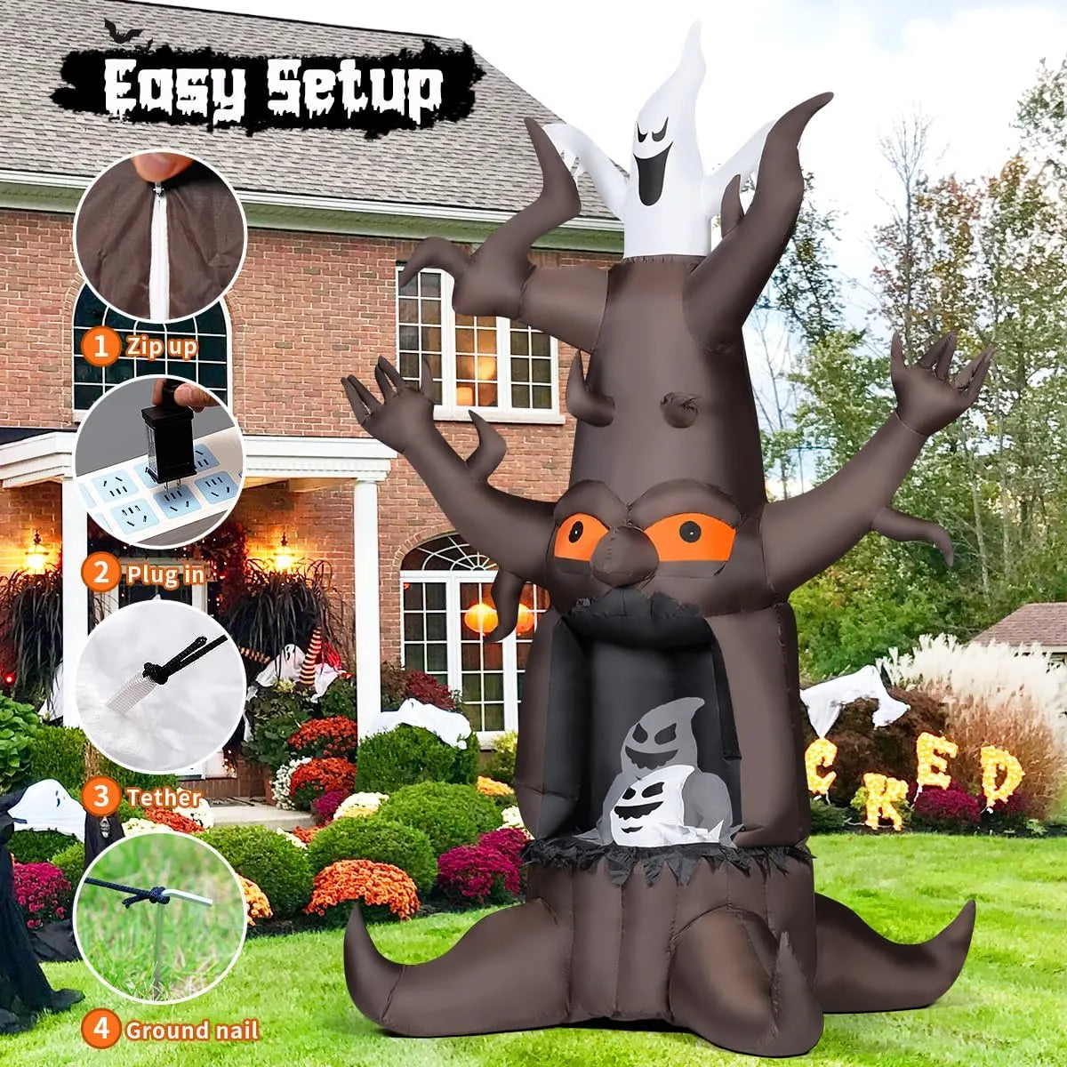 9 FT Halloween Inflatable Animated Dead Tree Outdoor Decorations Blow Up Yard Scary Tree and White Ghost with Built-in LEDs for Outdoor Garden Lawn Party Decor (Tree Ghost)
