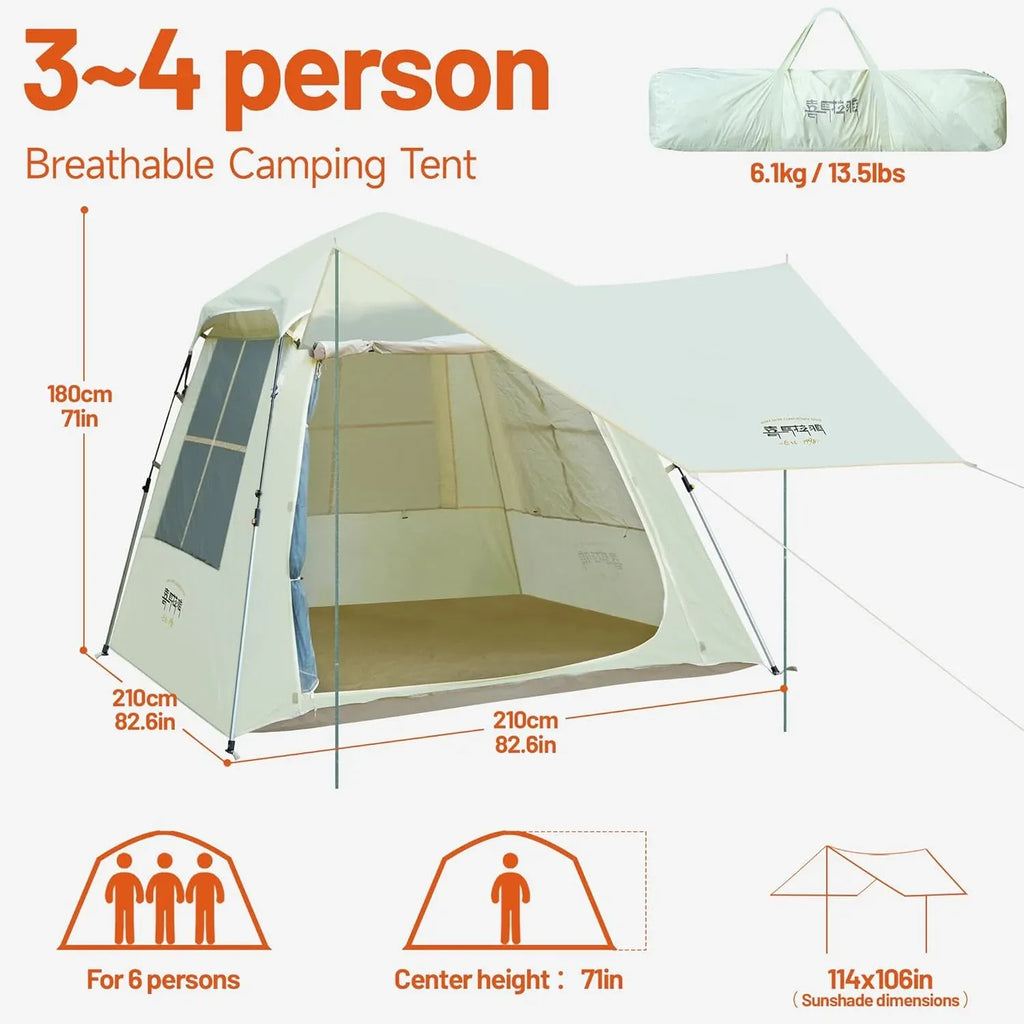 Instant Pop Up Camping Tent - 7'×7' 4 Person, 5-Sided Ventilation, UV-Blocking Top & Hexagonal Awning, Portable for Patio/Beach