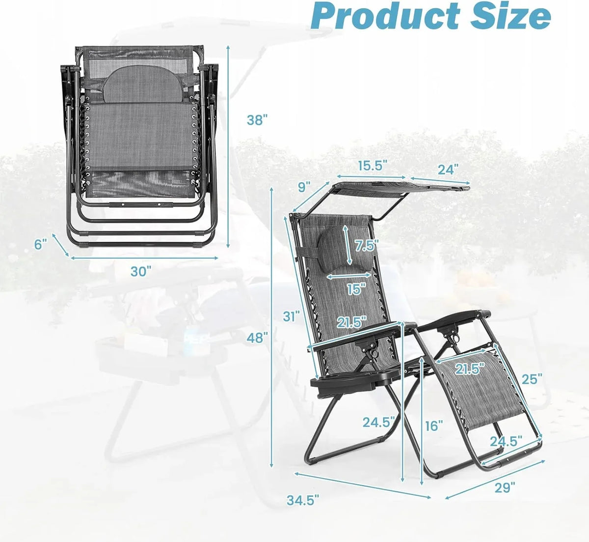Zero Gravity Chairs, X-Large Folding Lounge Lawn Chair w/Canopy Shade & Cup Holder, Adjustable Folding Patio Recliner for Pool Porch Deck Oversize (Grey)