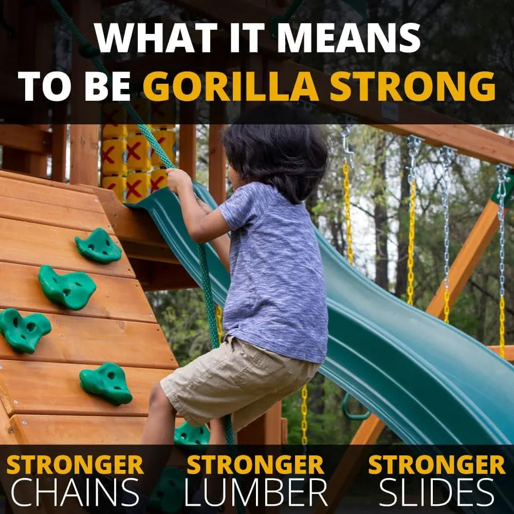 Gorilla Playsets 01-1069-Y Outing Wood Swing Set with Wood Roof and Monkey Bars - Yellow Slide, Amber