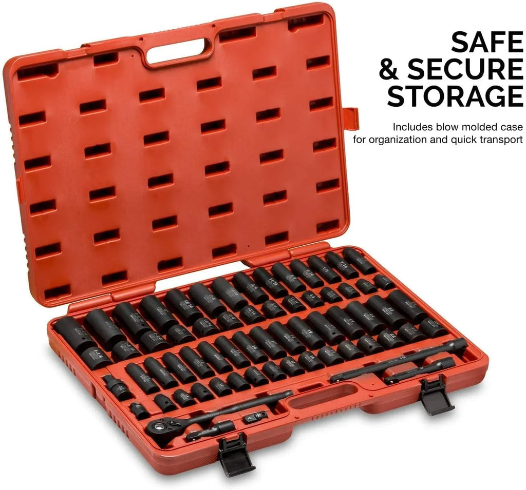 02448A 1/2 Drive Master Impact Socket Set, 65 Piece, Standard SAE (3/8-1-1/4) & Metric (10-24 mm) Sizes, Deep & Shallow Kit, Includes Adapters & Ratchet Handle