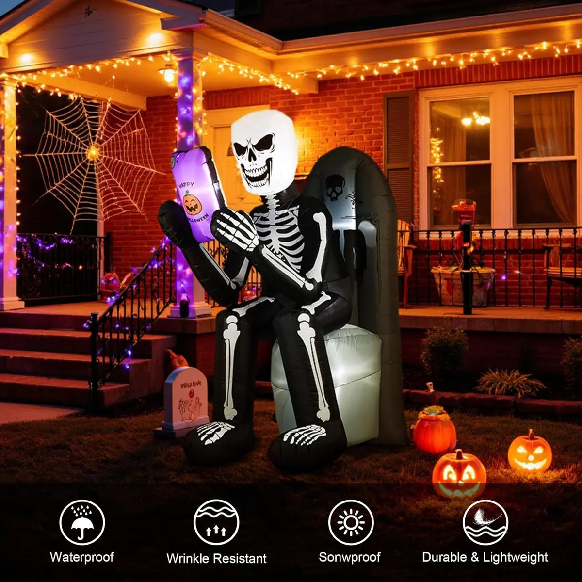 6.1 FT Halloween Inflatable Outdoor Decoration Skeleton & Tombstone Halloween Inflatable Blow Up Yard Decorations with LEDs for Halloween Holiday Party Outdoor Garden Yard Lawn Indoor Decor