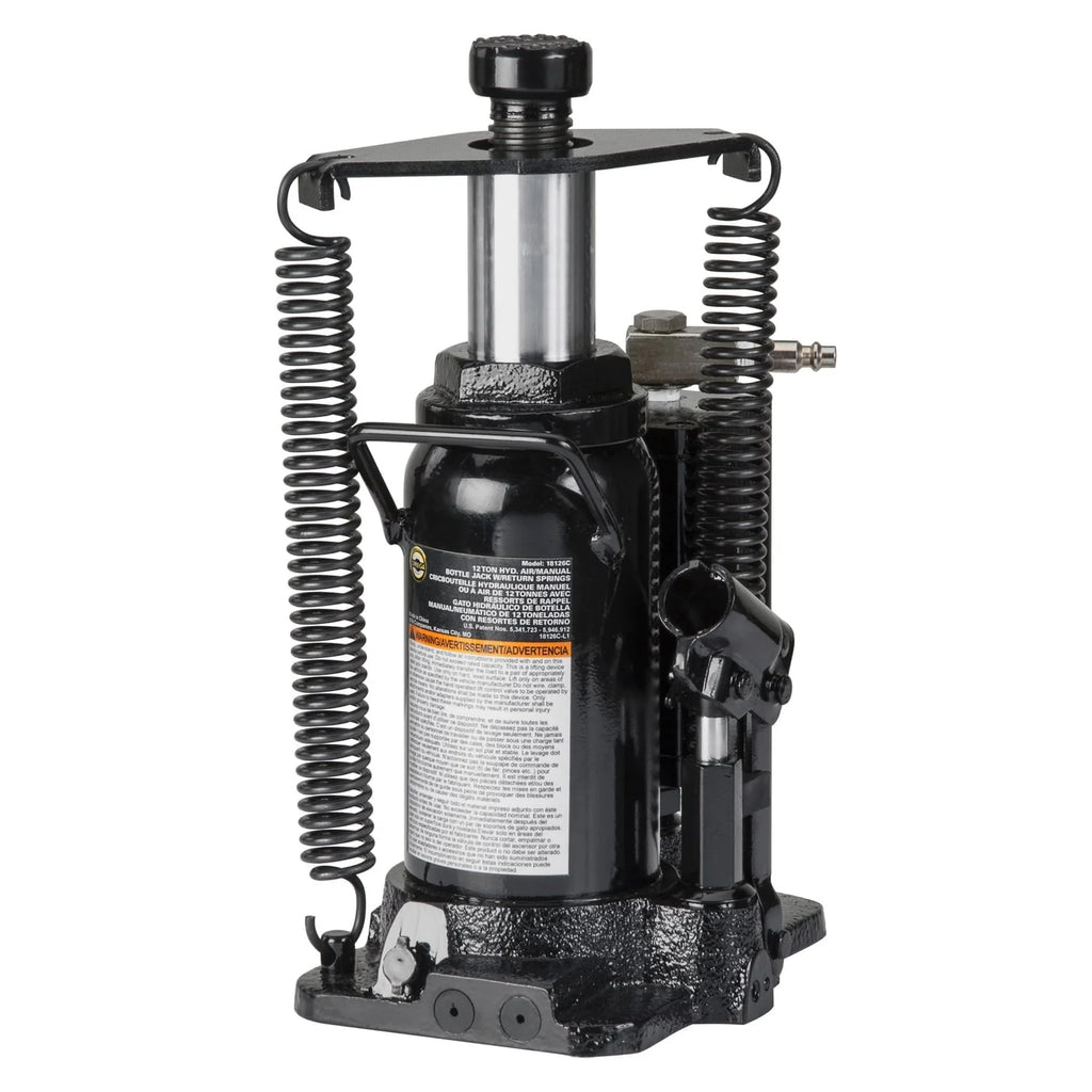 Omega 18126C Black Hydraulic Bottle Jack with Return Springs, 12 Ton Capacity