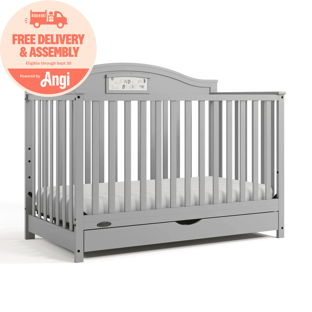 Story 5-in-1 Convertible Baby Crib with Drawer and Reversible Headboard, Pebble Gray