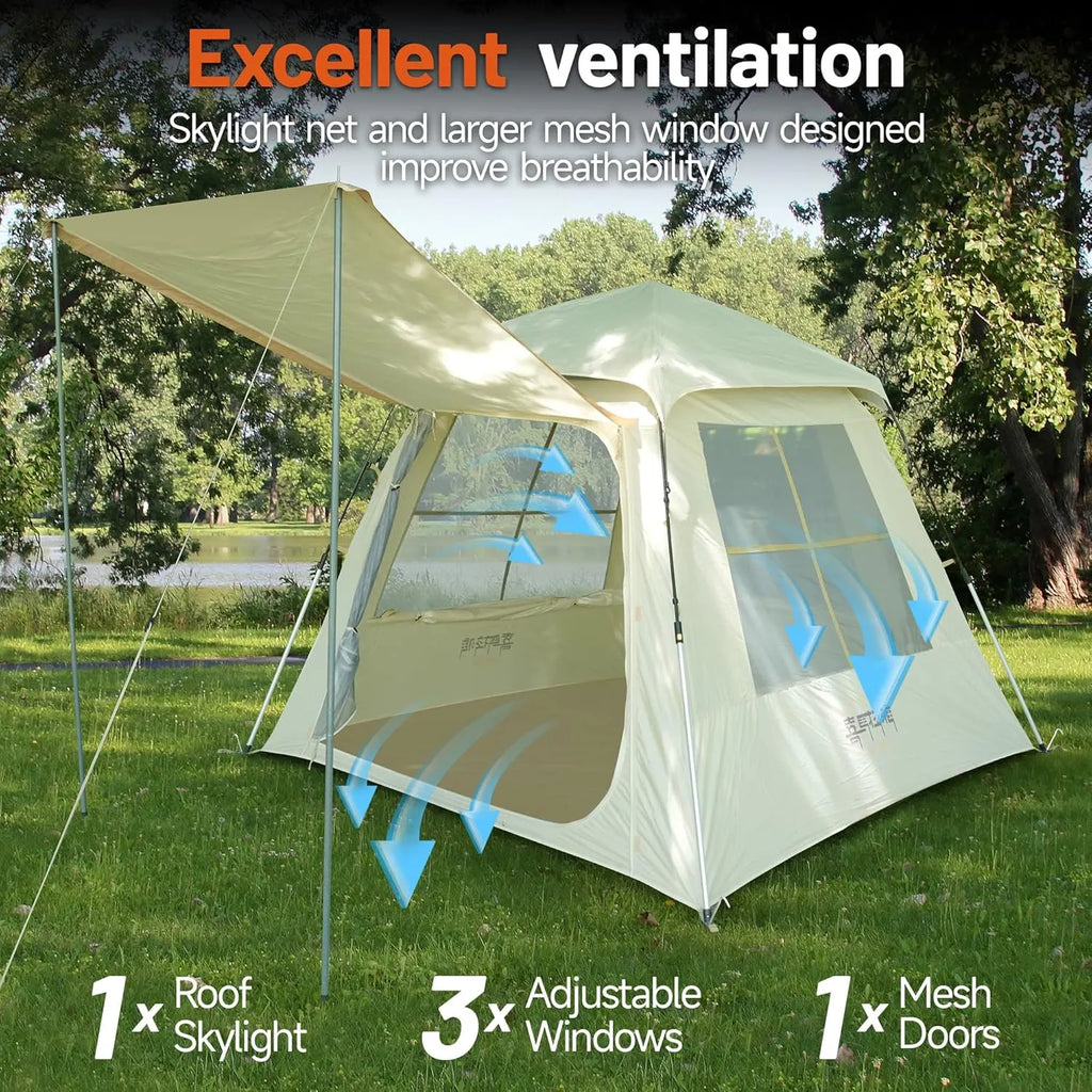 Instant Pop Up Camping Tent - 7'×7' 4 Person, 5-Sided Ventilation, UV-Blocking Top & Hexagonal Awning, Portable for Patio/Beach